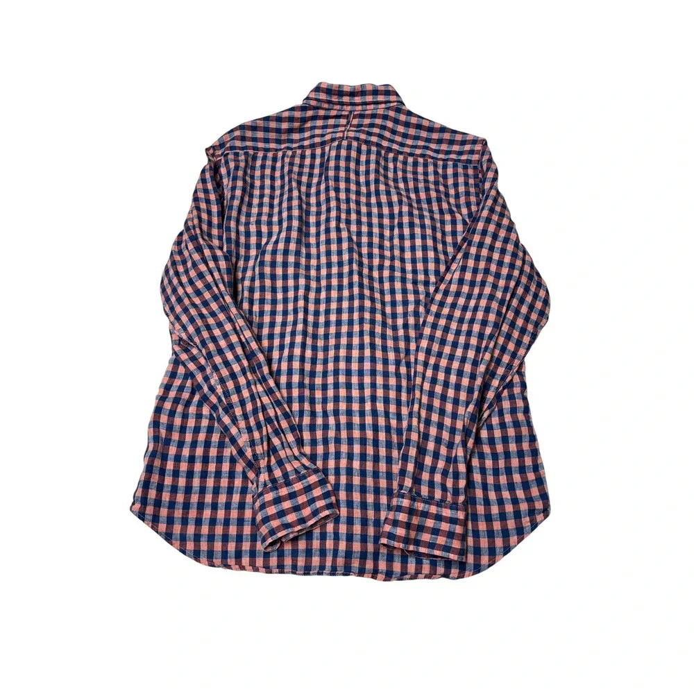 Banana Republic Camden Fit Mens Medium 100% Linen Gingham Shirt Navy Coral Pink